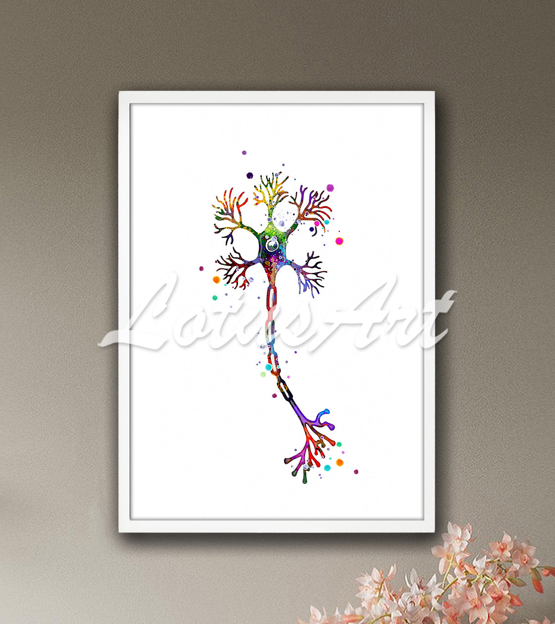 Multipolar motor neuron anatomy art  dendrites in vibrant watercolor - neuroscience medical wall decor