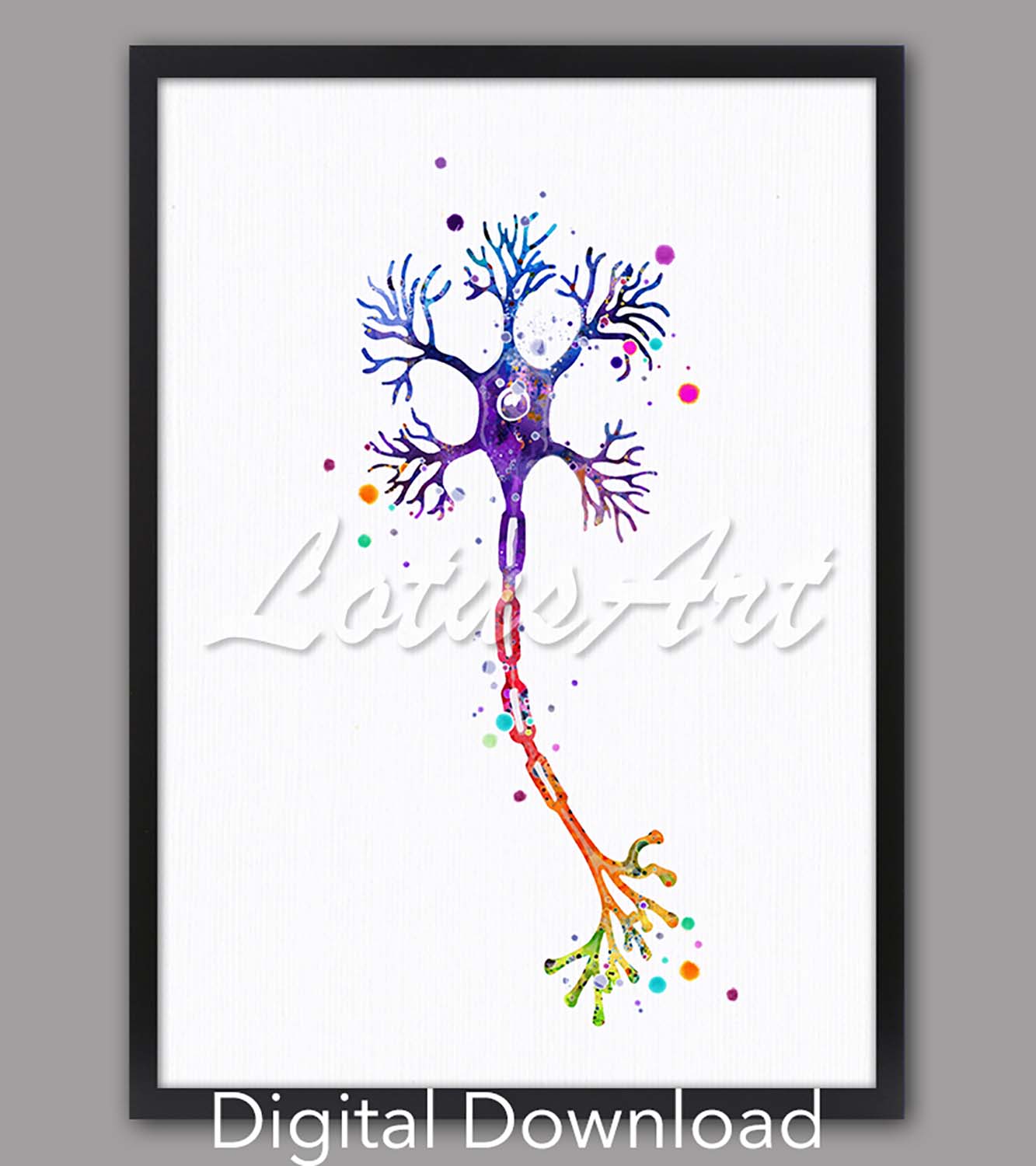 Motor neuron watercolor in rainbow, anatomy art print, instant digital download, neurologist office & medical clinic decor