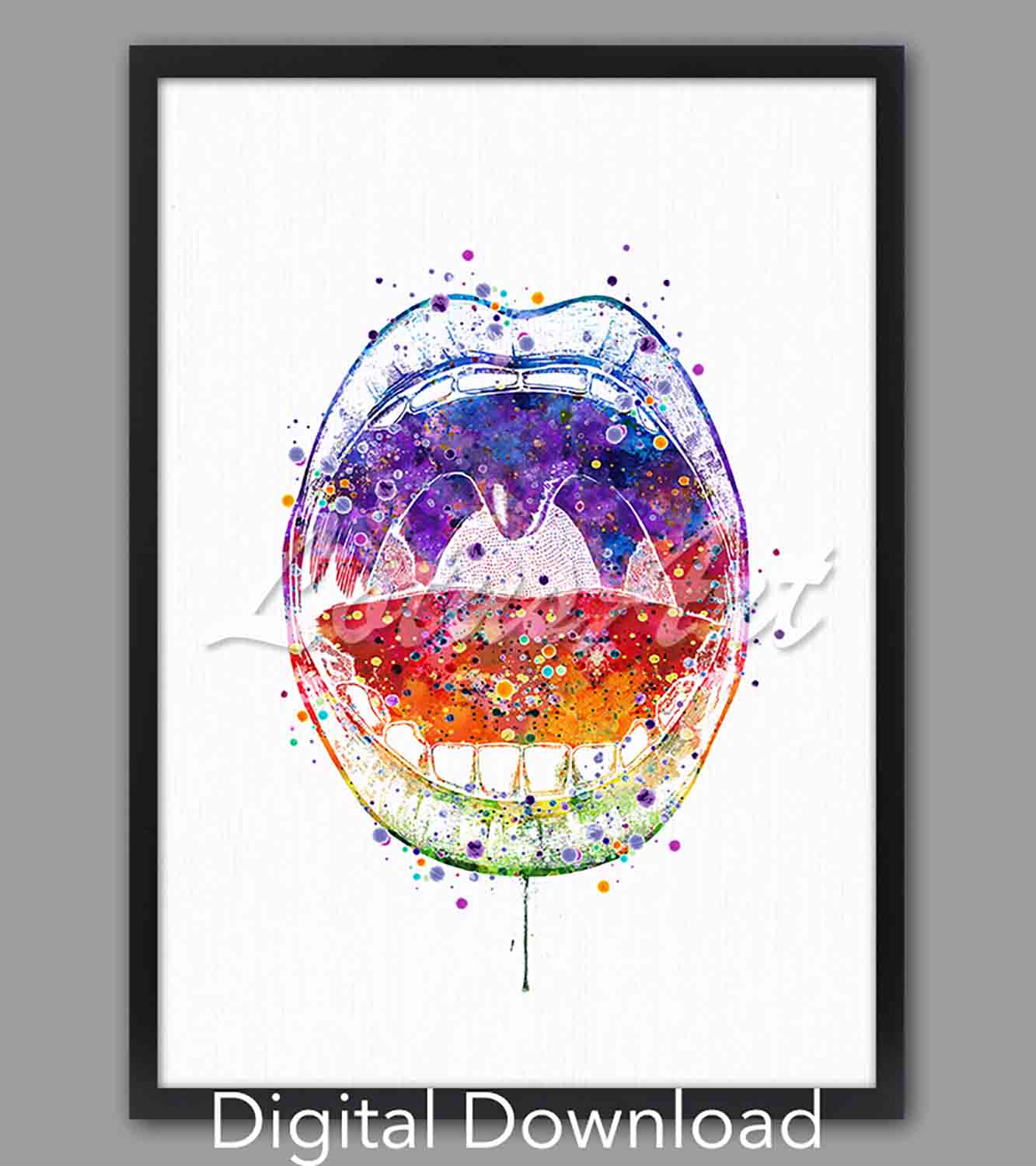 Mouth anatomy instant digital download, medical watercolor print, dental & orthodontist office wall art in rainbow tones