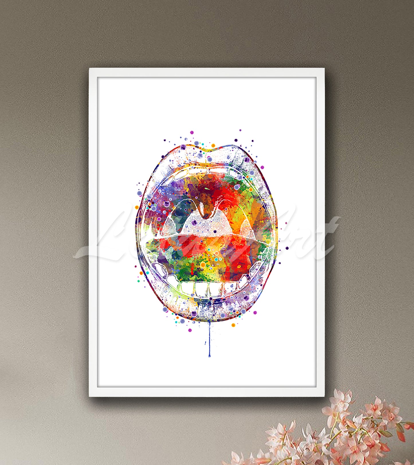 Mouth and larynx anatomy with vocal cords colorful watercolor art print - speech therapy clinic painting