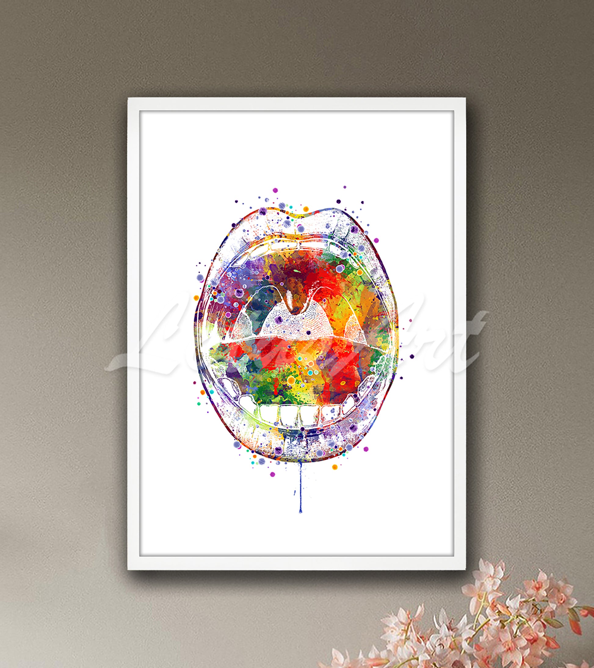 Mouth and larynx anatomy with vocal cords colorful watercolor art print - speech therapy clinic painting