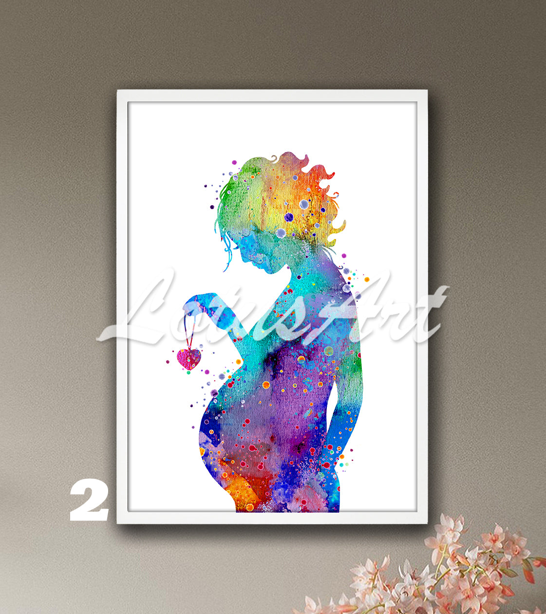 Art print of a pregnant woman who holds a heart necklace in her hand, a multicolor watercolor pregnancy painting.