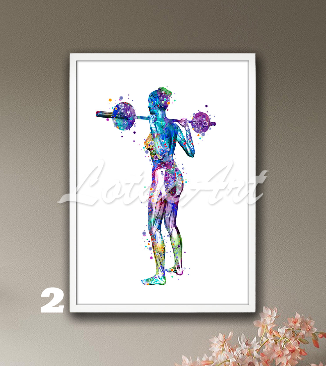 Blue-purple watercolor medical illustration depicting a woman lifting weights and the anatomy of her body muscles.