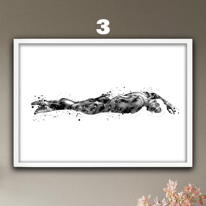 Anatomy art print of swimming body muscles, sports poster, medical watercolor black-white wall decor.