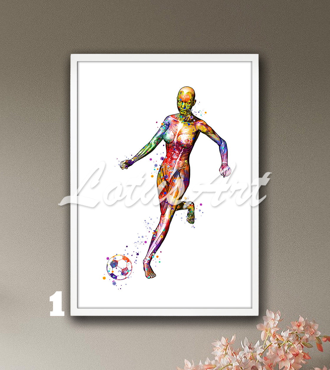 Girl soccer body muscles anatomy wall art poster, medical watercolor print, clinic decor.