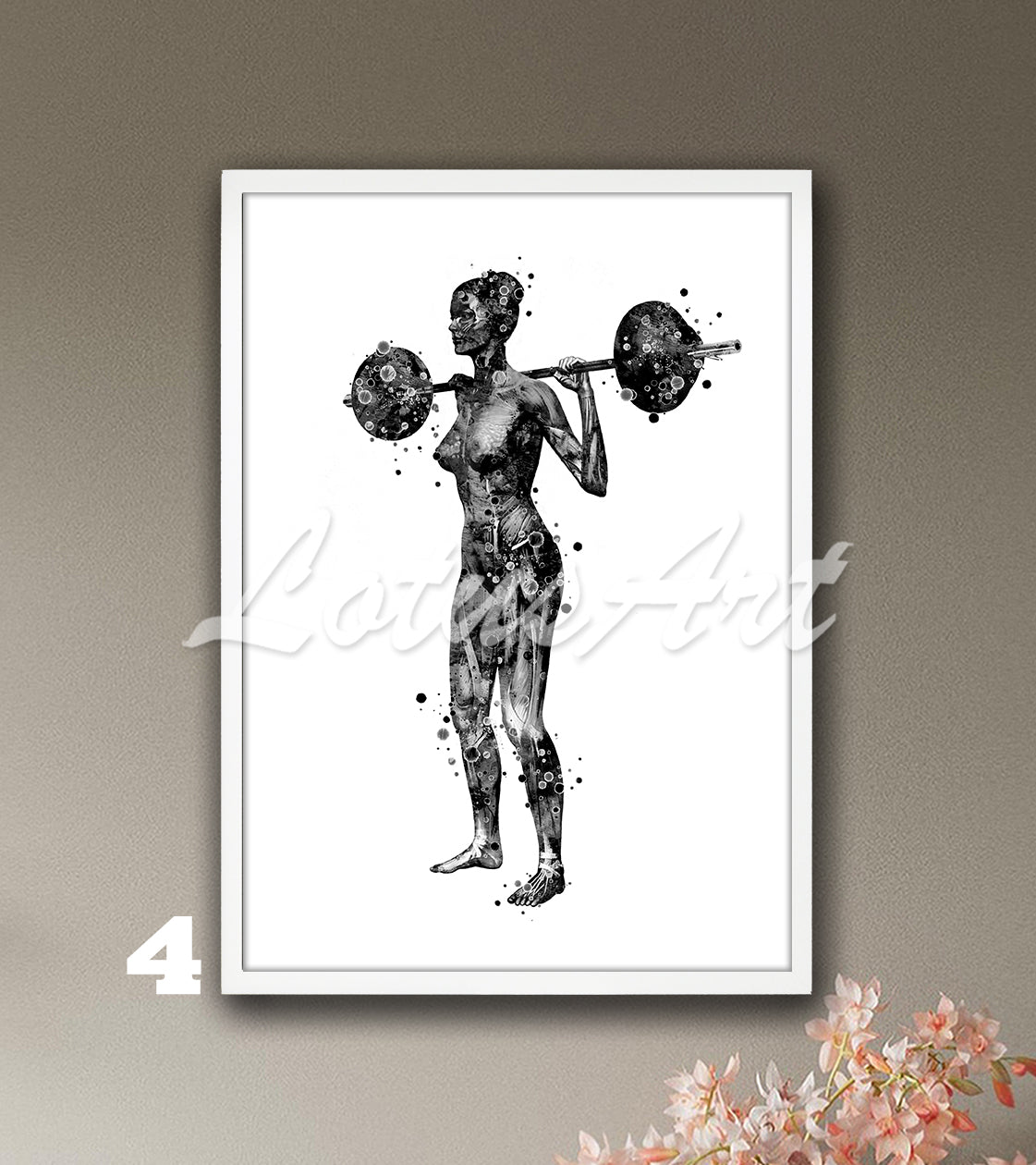 Artwork of a black-white female lifting weights showing anatomy of her body muscles as a medical painting.
