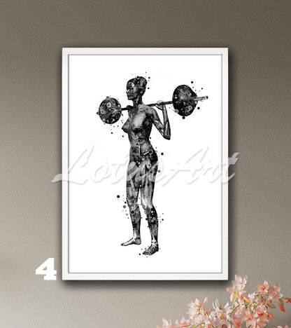 Artwork of a black-white female lifting weights showing anatomy of her body muscles as a medical painting.