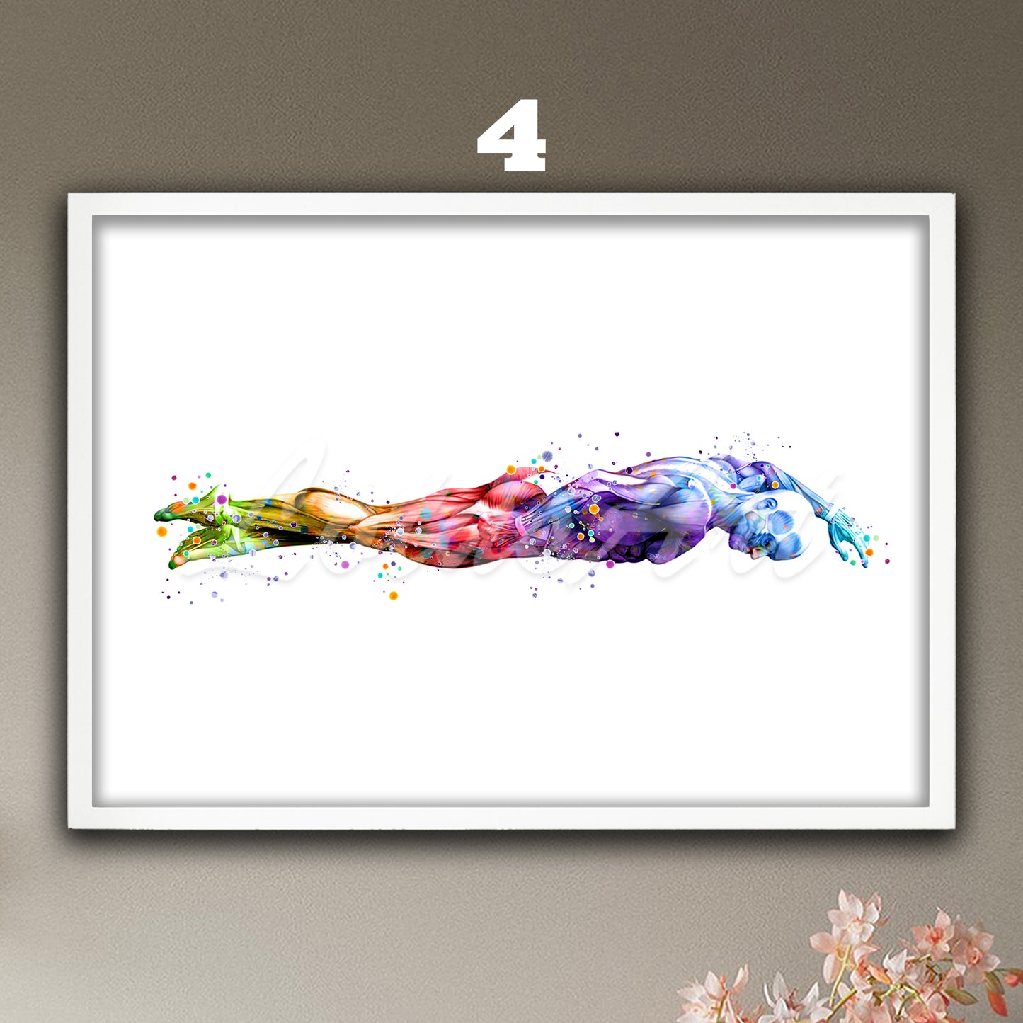 Rainbow anatomy art print of swimming body muscles, medical watercolor wall decor, sports poster.