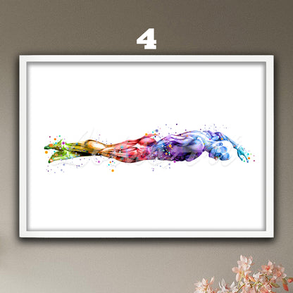 Rainbow anatomy art print of swimming body muscles, medical watercolor wall decor, sports poster.