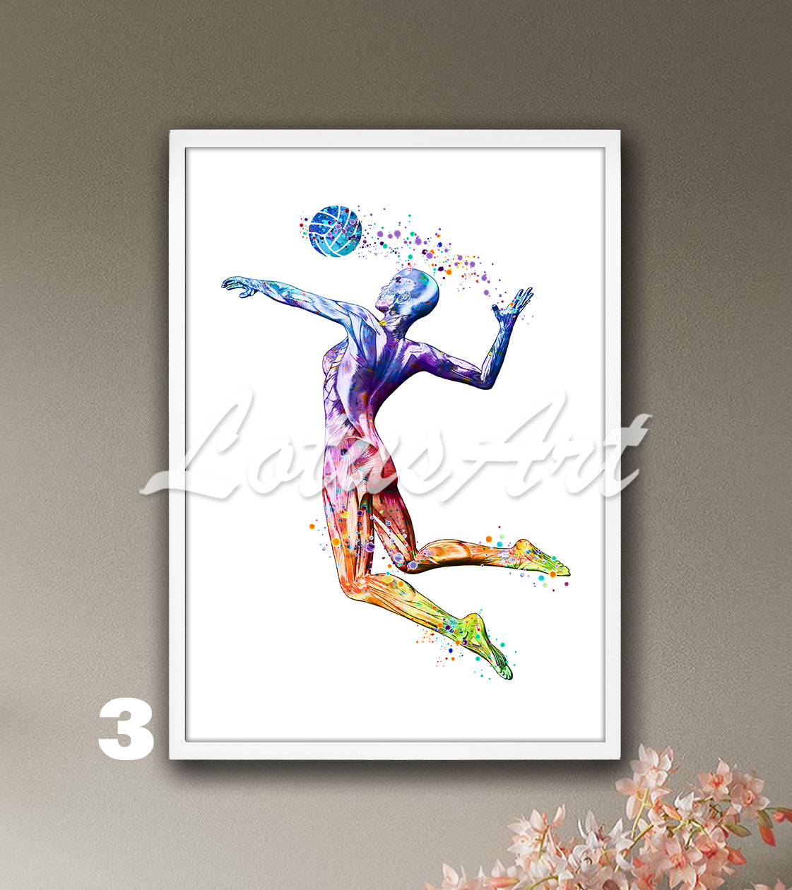 Muscles anatomy art of a girl volleyball with ball, watercolor print in rainbow colors, sports medical painting.