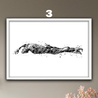 Swimmer body muscles anatomy watercolor poster in black and white, medical sports art print & doctor and swim clinics decor