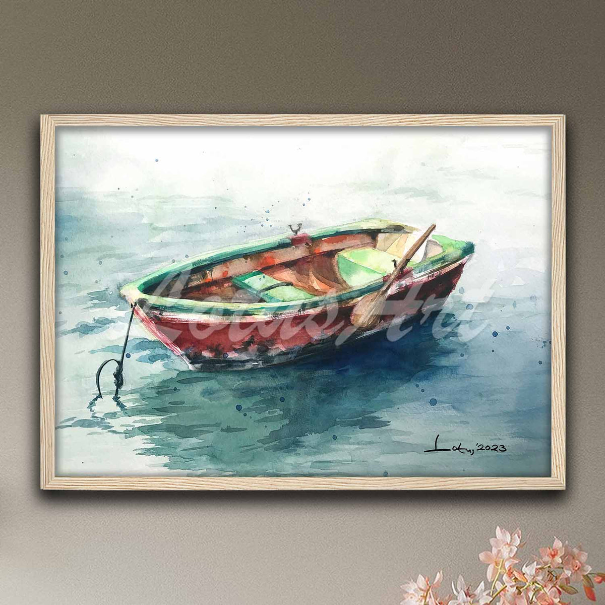 Nautical fishing boat watercolor artwork in natural wood frame, multicolor coastal decor & original boat painting print