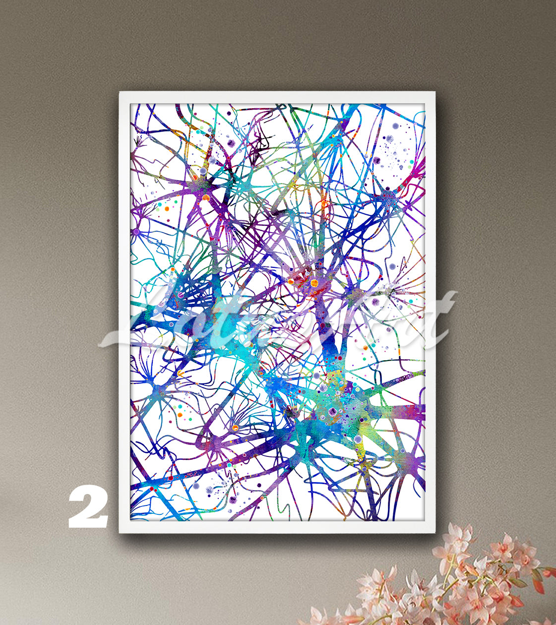Blue-purple art print of a watercolor artwork of neural network, neurons and brain nerve cells – modern medical decor.