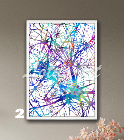 Blue-purple art print of a watercolor artwork of neural network, neurons and brain nerve cells – modern medical decor.