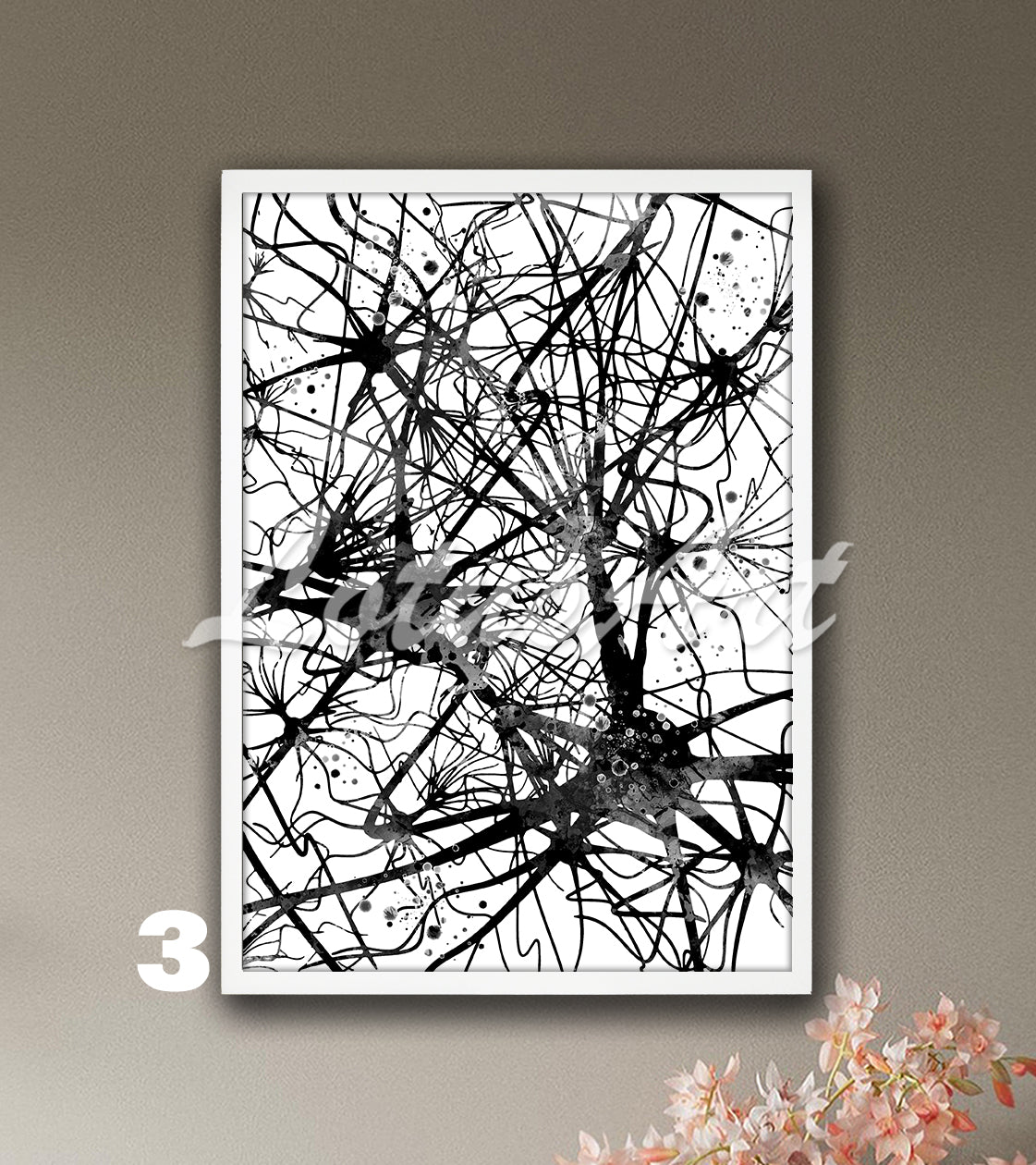 Black-white print of a watercolor painting of neural network, neurons and brain nerve cells – artistic medical art.
