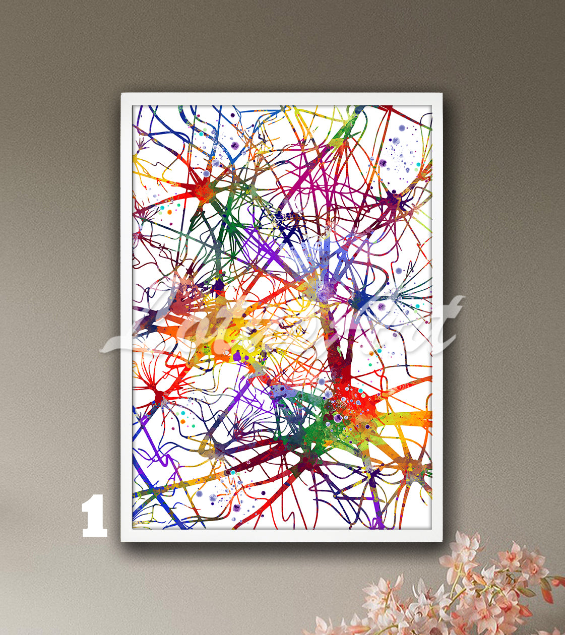 Multicolor art print of a watercolor artwork of neural network, neurons and brain nerve cells – medical science decor.