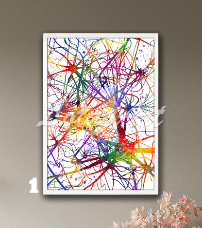 Multicolor art print of a watercolor artwork of neural network, neurons and brain nerve cells – medical science decor.