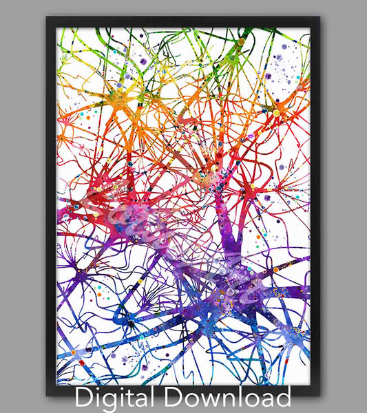 Neural network watercolor print in rainbow, brain anatomy art, medical instant digital download for neurology office decor