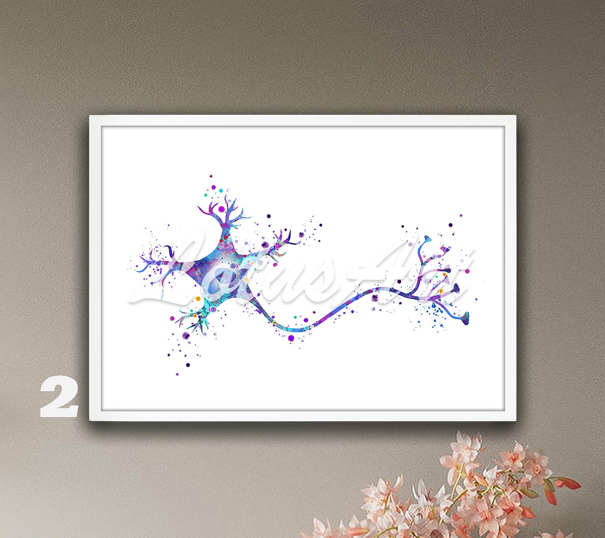 Neuron brain cell anatomy watercolor decor in purple-blue tones, medical science wall decor & anatomy gift