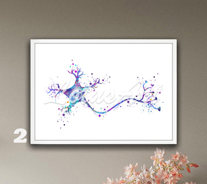 Neuron brain cell anatomy watercolor decor in purple-blue tones, medical science wall decor & anatomy gift