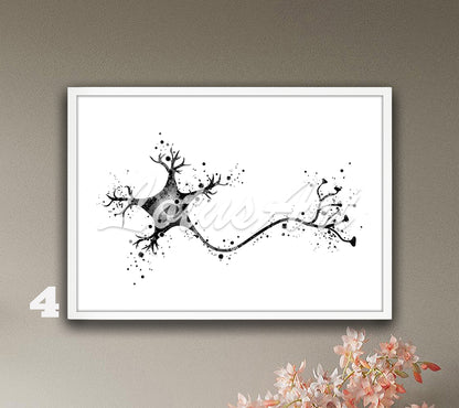 Neuron brain cell anatomy watercolor poster in black-white tones, medical science wall decor & neurologist gift