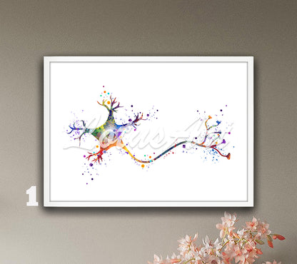 Art print depicting the anatomy of a neuron brain cell in the medical science - multicolor watercolor painting.