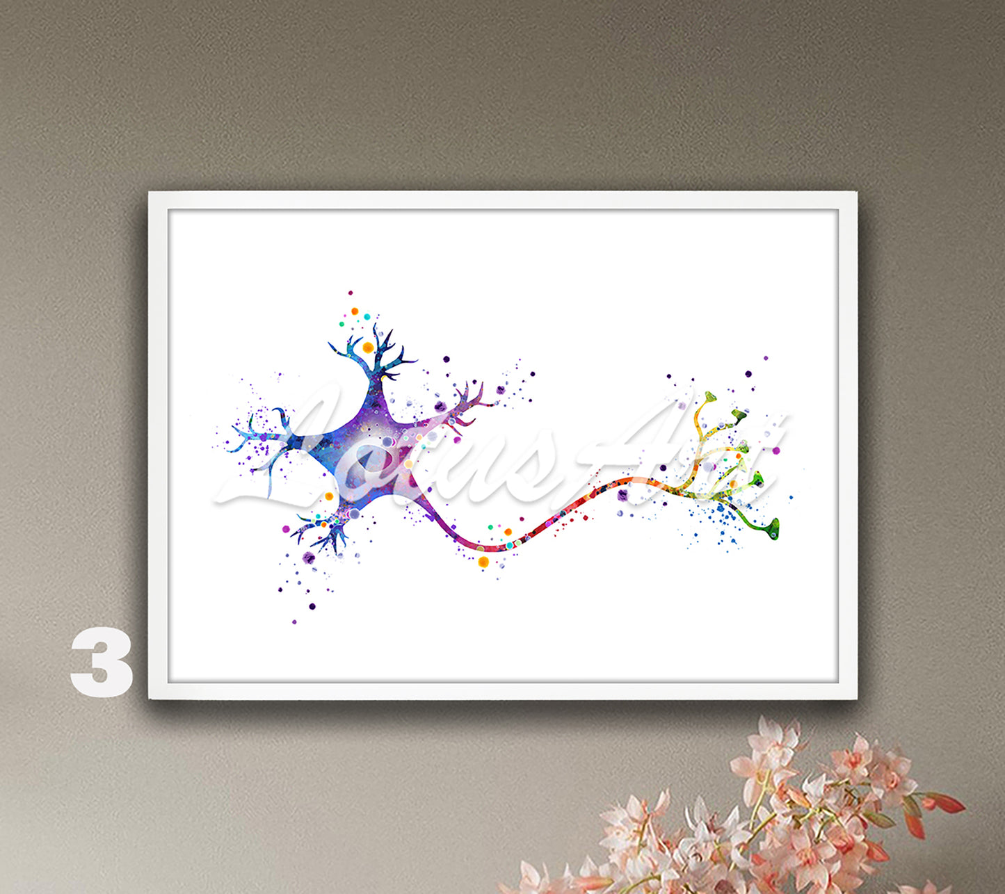 Art print depicting the anatomy of a neuron brain cell for the medical science - watercolor painting in rainbow colors.