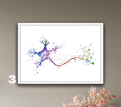 Art print depicting the anatomy of a neuron brain cell for the medical science - watercolor painting in rainbow colors.