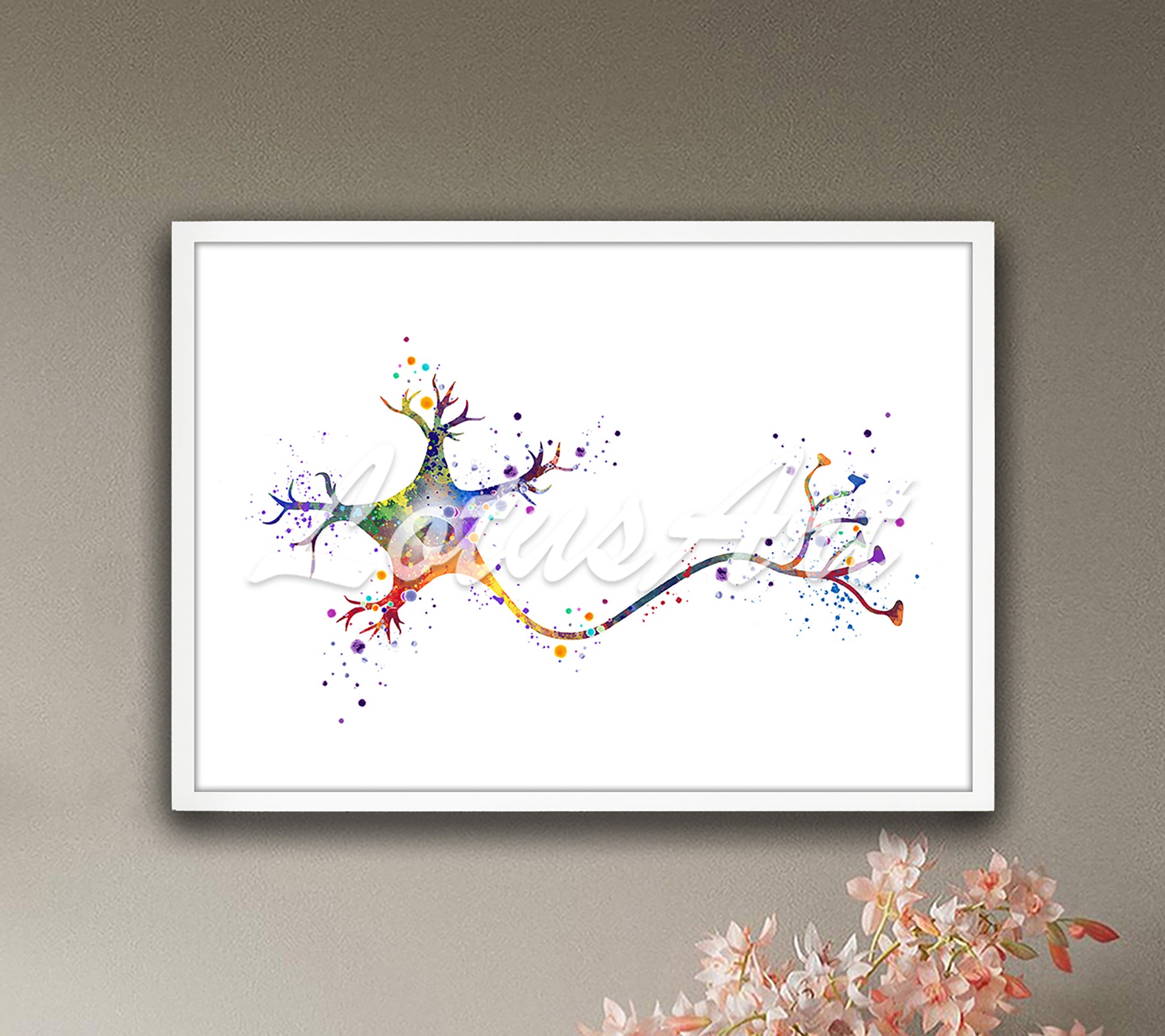 Neuron cell with dendrites and axon in colorful anatomy watercolor art print - biology painting for science lab wall decor