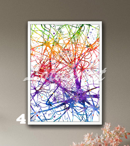 Watercolor painting of neural network, neurons and brain nerve cells in rainbow colors– great medical art print.