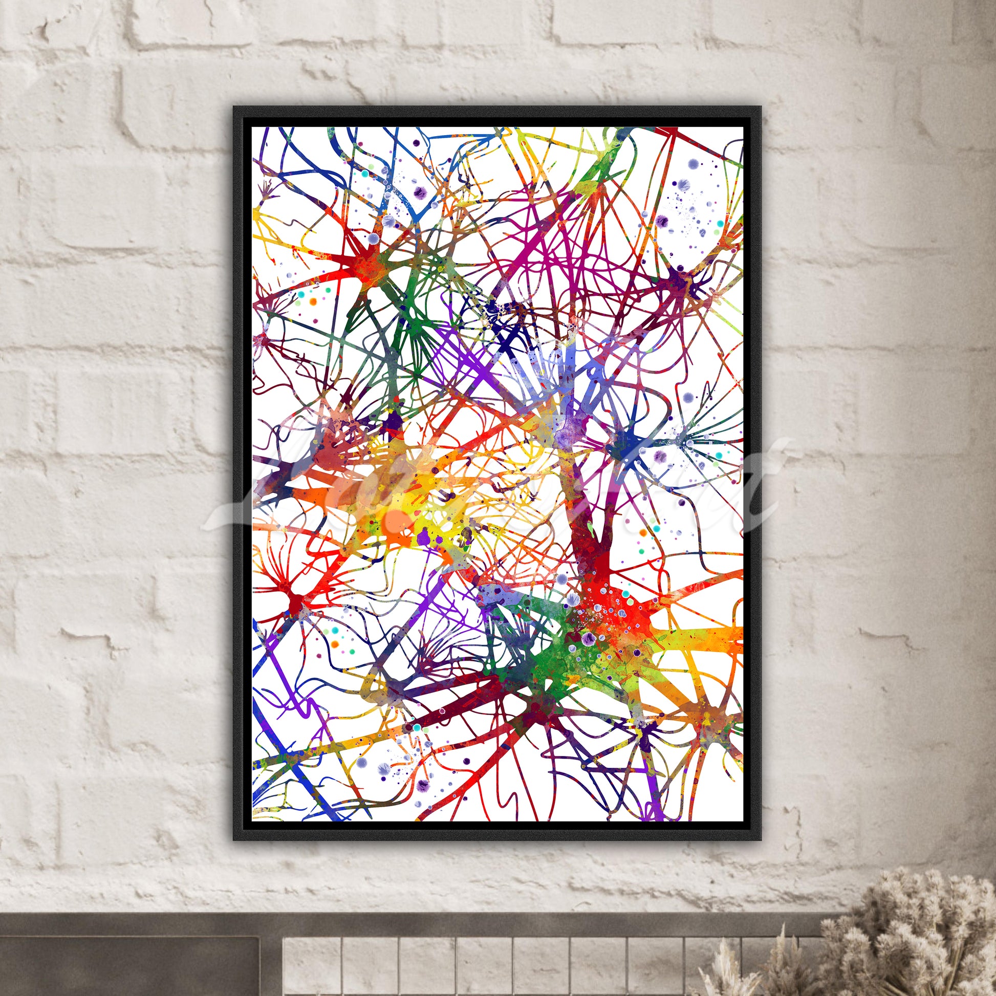 Multicolor canvas art print of a watercolor artwork of neural network, neurons and brain nerve cells – medical science decor.