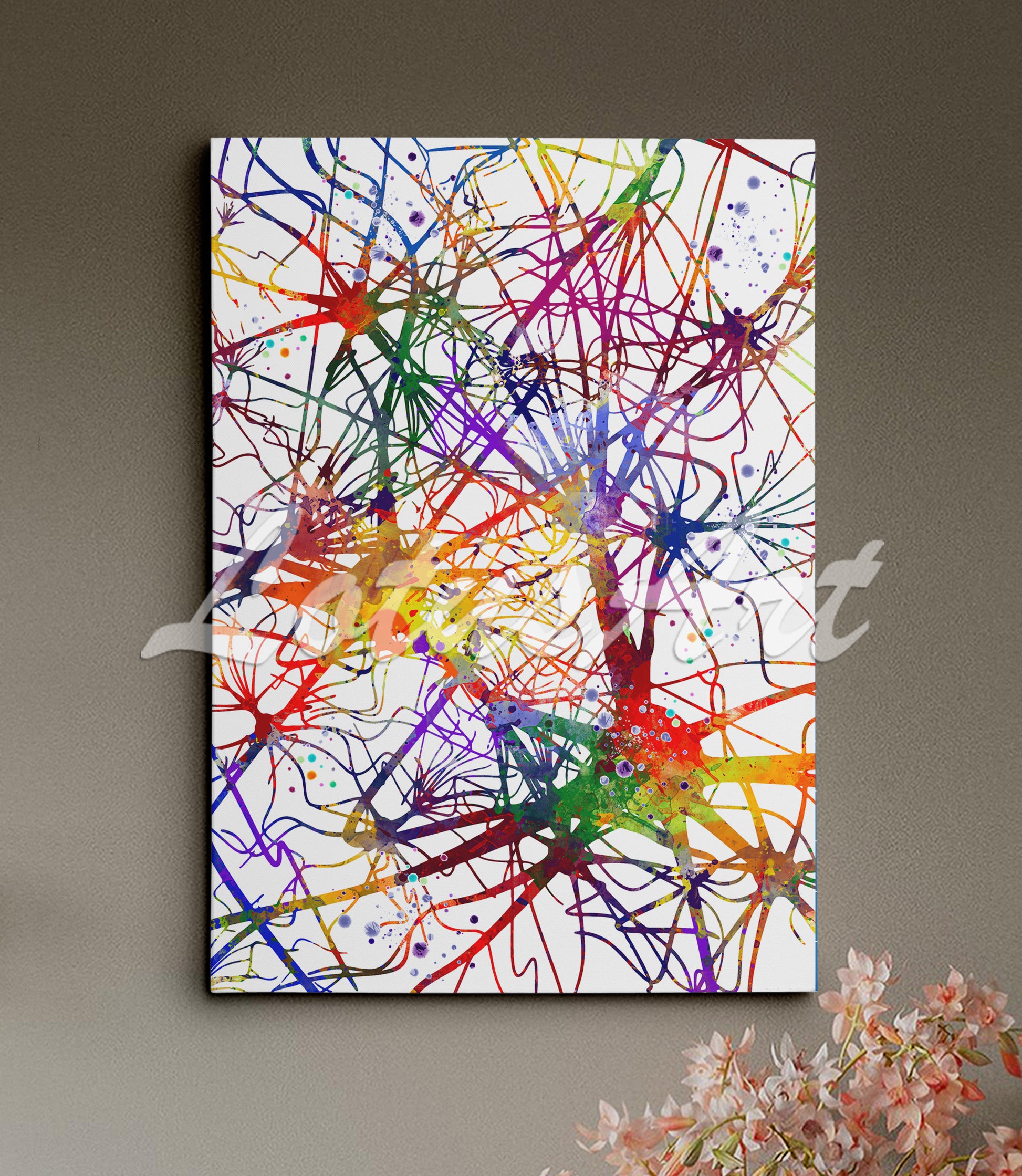 Canvas art print of a colorful watercolor painting of neural network, neurons and brain nerve cells, medical science decor.