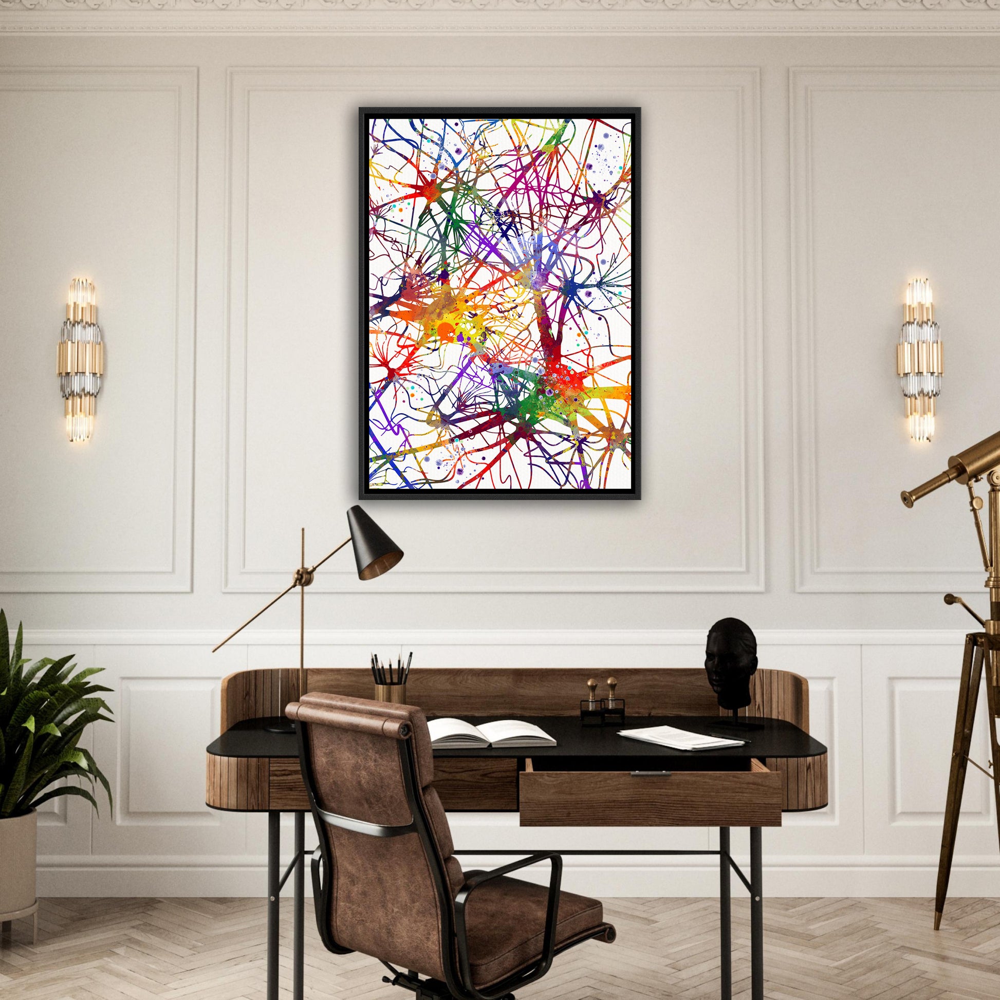 Framed canvas art print of a watercolor artwork of neural network, neurons and brain nerve cells – medical science decor.