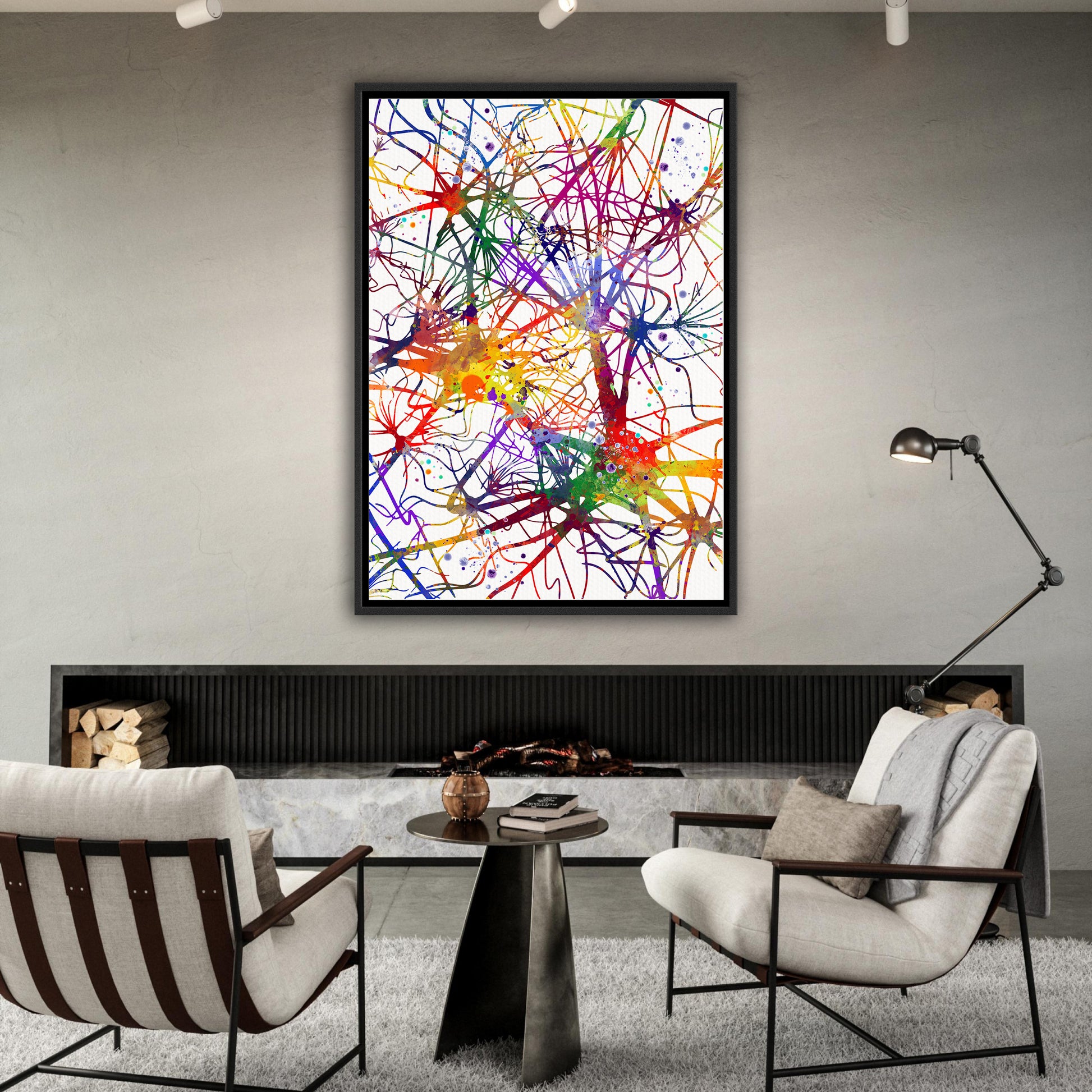 Canvas art print of a multicolor watercolor artwork of neural network, neurons and brain nerve cells – medical science decor.