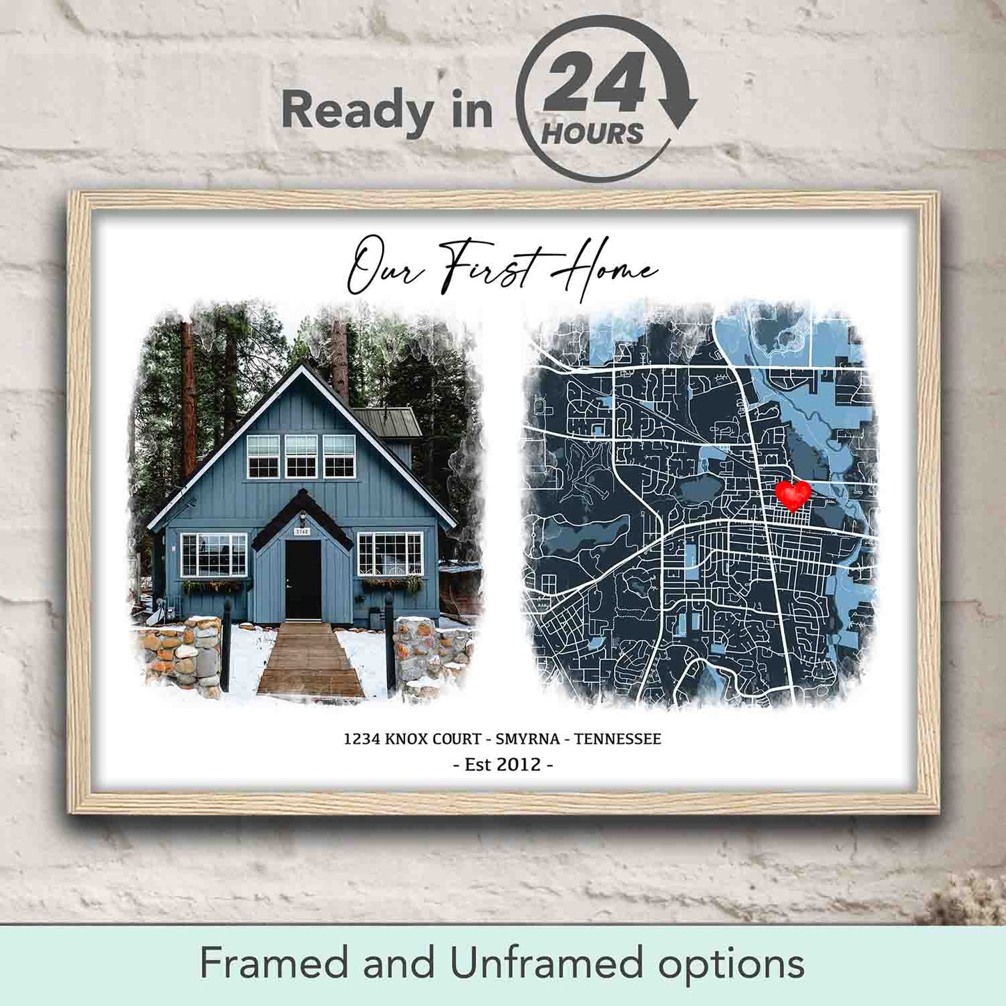 New Home Photo Map personalized location print in natural wood frame, custom first home gift & closing present