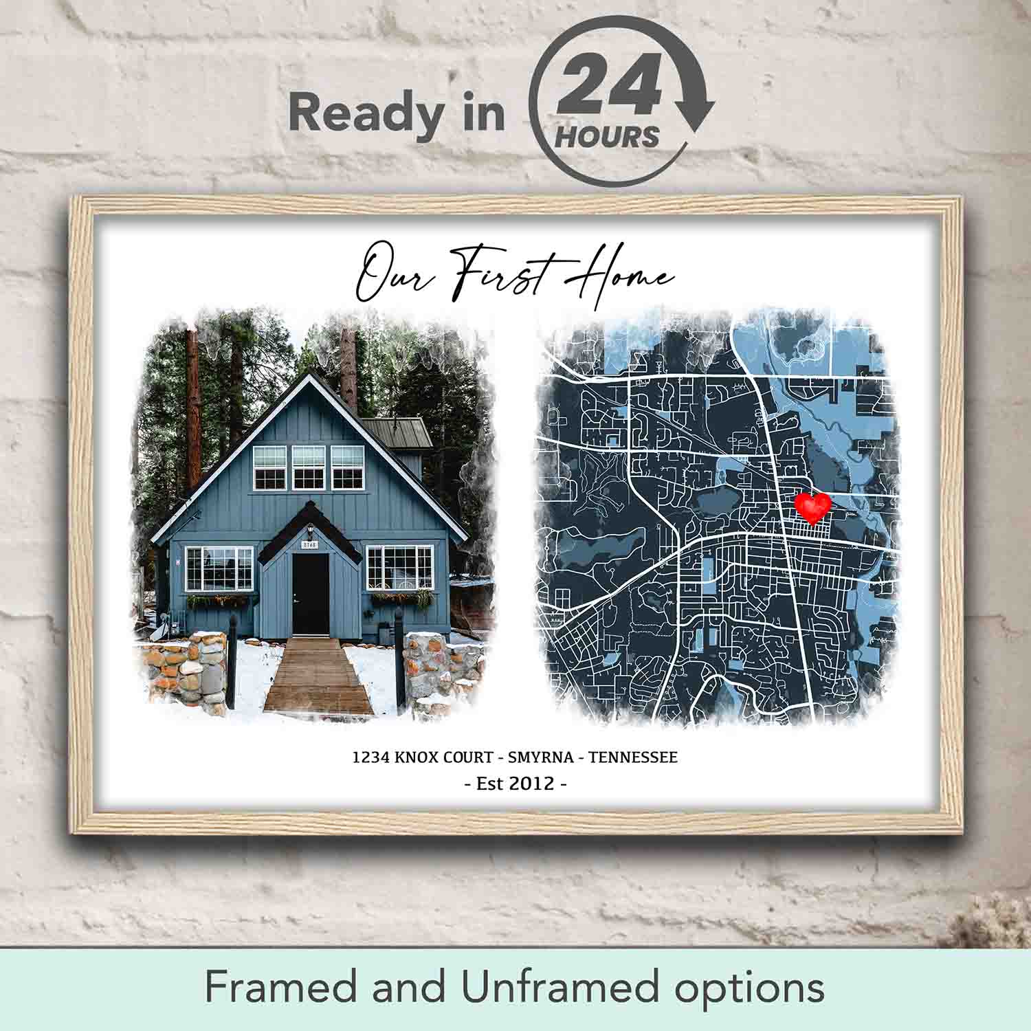 New Home Photo Map personalized location print in natural wood frame, custom first home gift & closing present