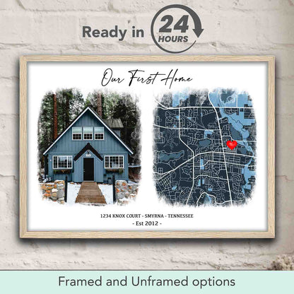 New Home Photo Map personalized location print in natural wood frame, custom first home gift & closing present
