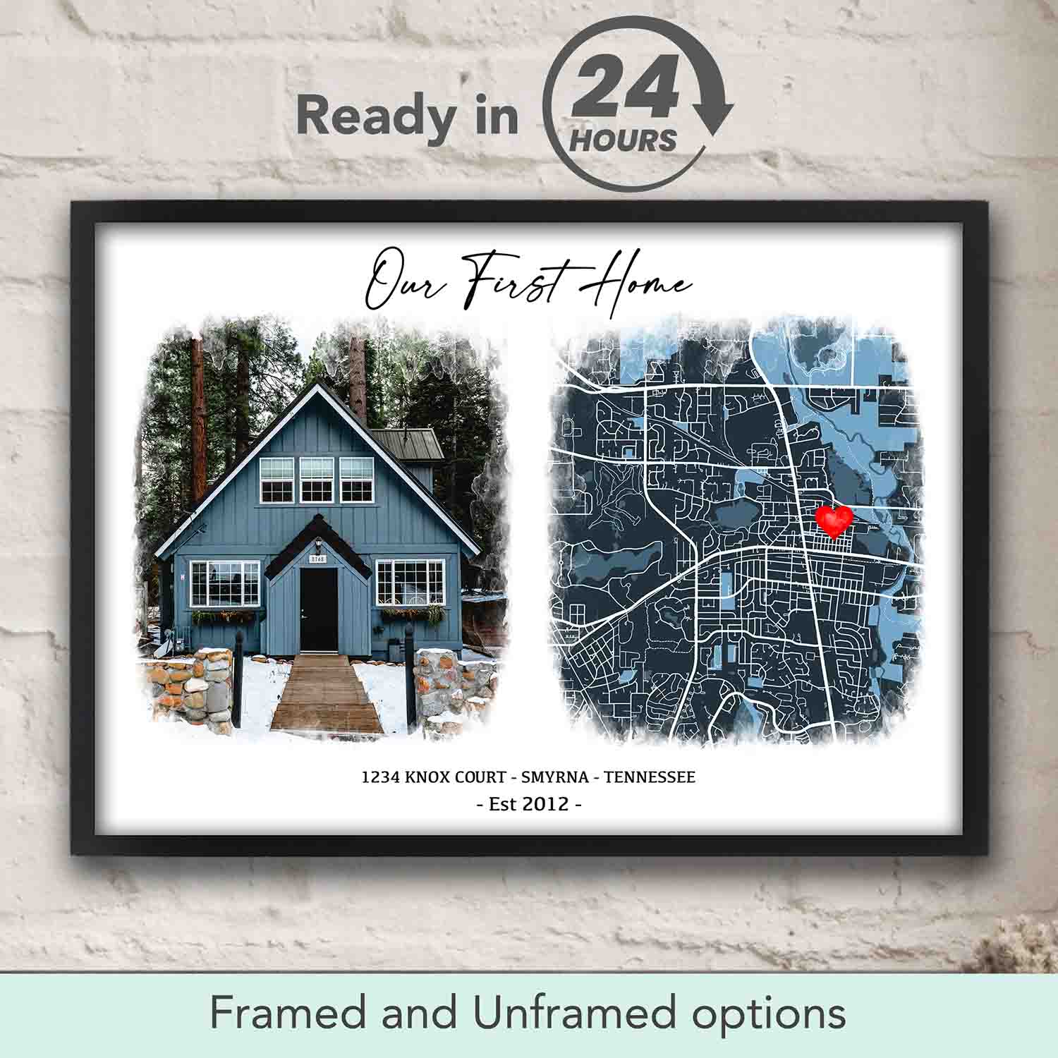 New Home Photo Map personalized location poster in black wood frame, custom first home gift & housewarming keepsake