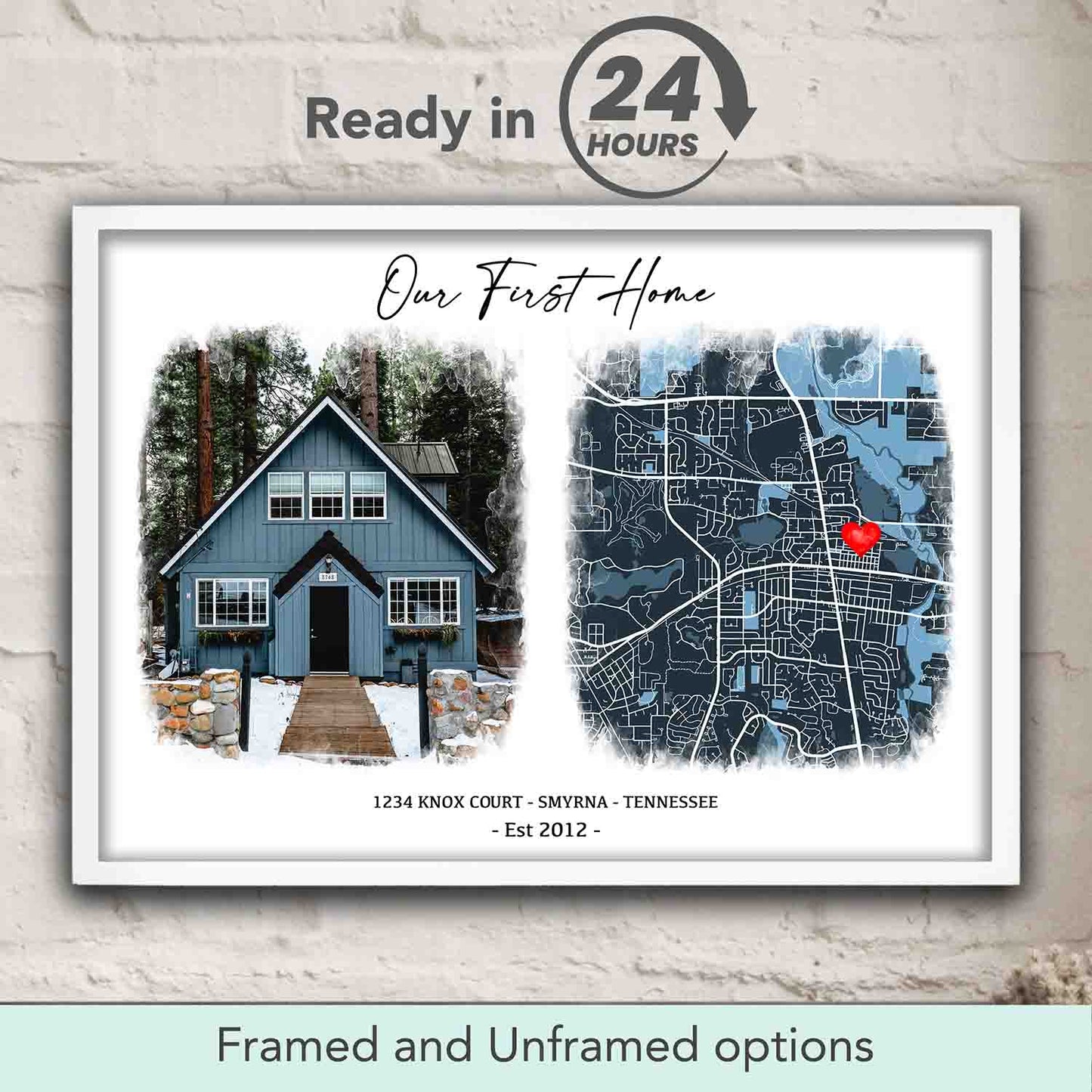 New Home Location Map personalized photo print in white wood frame, custom first home gift & housewarming wall art