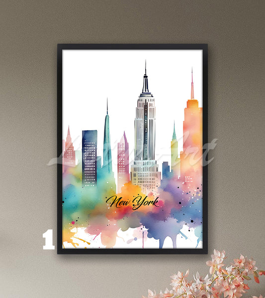 New York City Skyline Watercolor Art Print – Modern US Wall Decor, Cityscape Traveler Gift