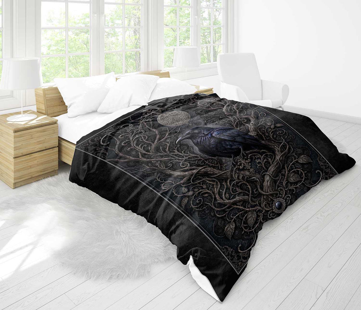 Occult raven bird mystic duvet cover in dark romance style, gothic cottagecore bedding for spooky chic bedroom decor