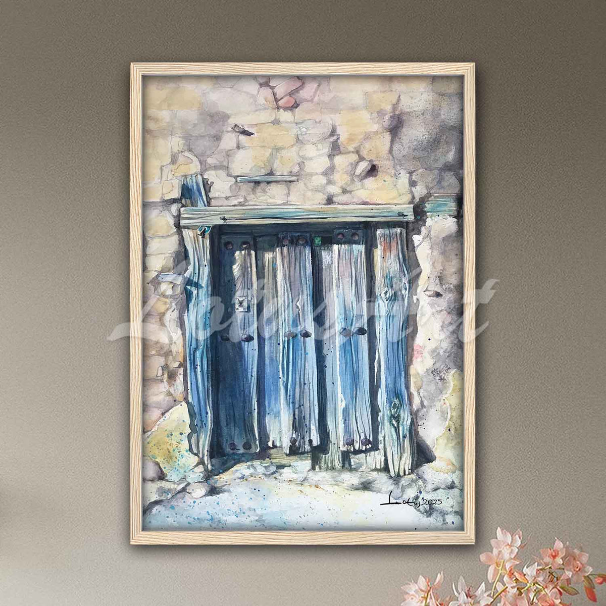 Old blue wooden door watercolor wall art in natural wood frame, Mediterranean rustic decor & original painting print
