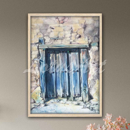 Old blue wooden door watercolor wall art in natural wood frame, Mediterranean rustic decor & original painting print