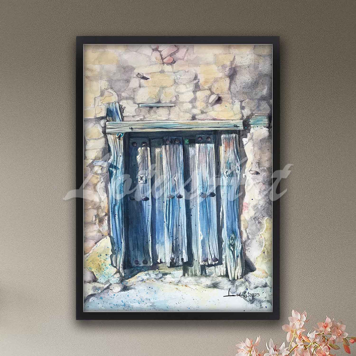 Old blue wooden door watercolor print in black frame, rustic stone wall art & Mediterranean home decor poster