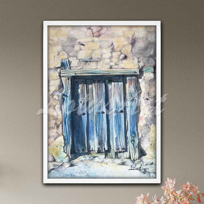 Old blue wooden door watercolor poster in white frame, rustic wall art & original stone architecture print