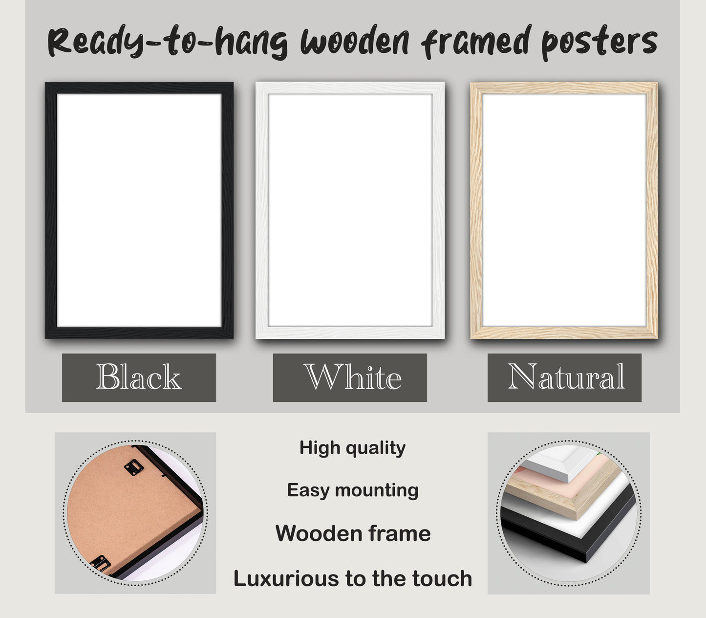 Ready-to-hang wooden frames for watercolor wall art prints in white, black and natural wood options