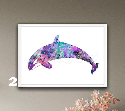 Orca Whale Watercolor Art Print, Coastal Sea Animals Wall Decor, Nautical Paintings