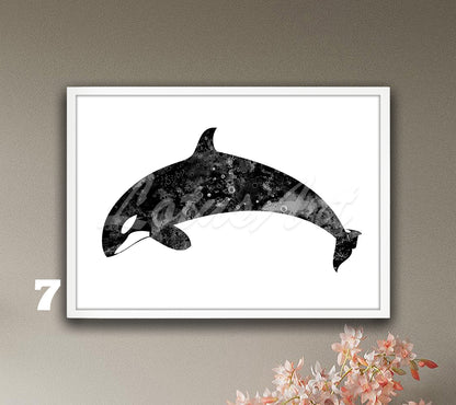 Orca Whale Watercolor Art Print, Coastal Sea Animals Wall Decor, Nautical Paintings