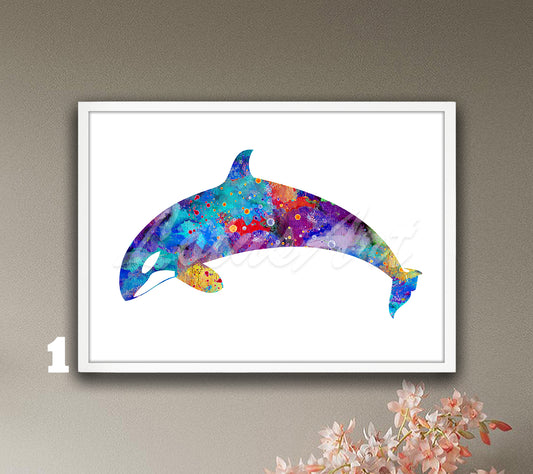 Orca Whale Watercolor Art Print, Coastal Sea Animals Wall Decor, Nautical Paintings