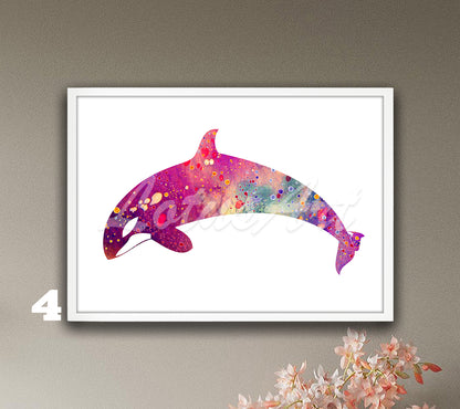 Orca Whale Watercolor Art Print, Coastal Sea Animals Wall Decor, Nautical Paintings